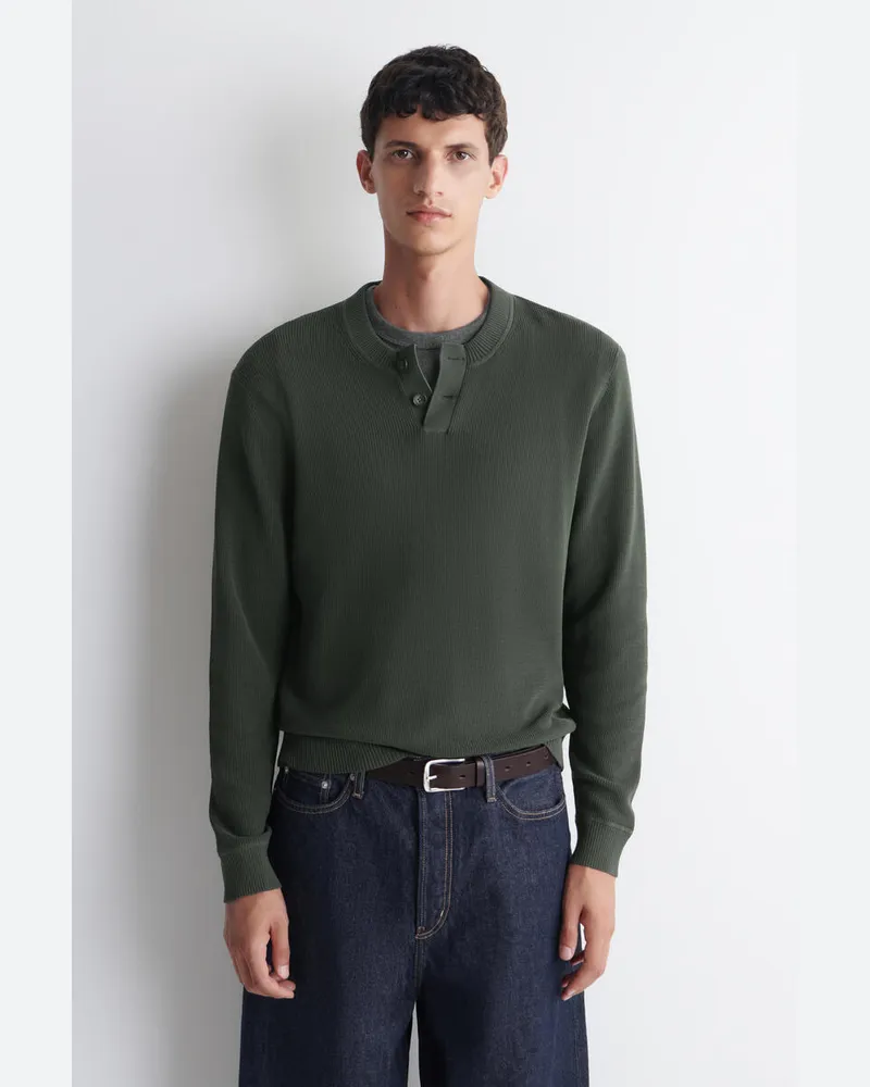COS Gestrickter Henley-Pullover Aus Baumwolle Grün