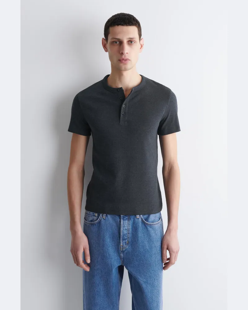 COS Schmales, Geripptes Henley-T-Shirt Blau