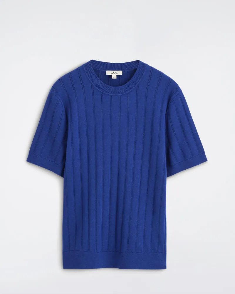 COS Geripptes T-Shirt Aus Merinowoll-Baumwoll-Mix Blau