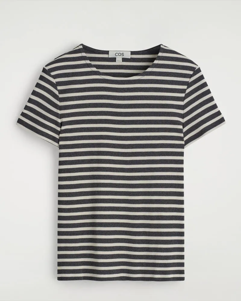 COS Schmales Geripptes T-Shirt Grau