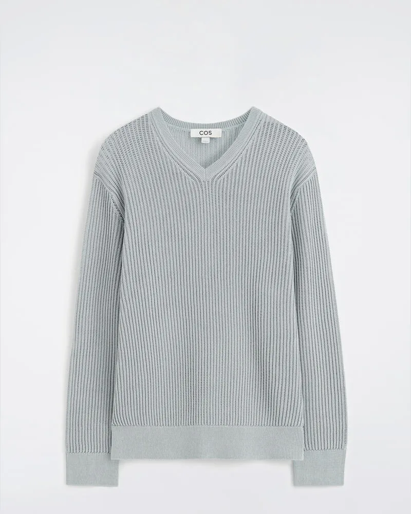 COS Baumwollpullover Mit Leitermuster Und V-Ausschnitt Grau