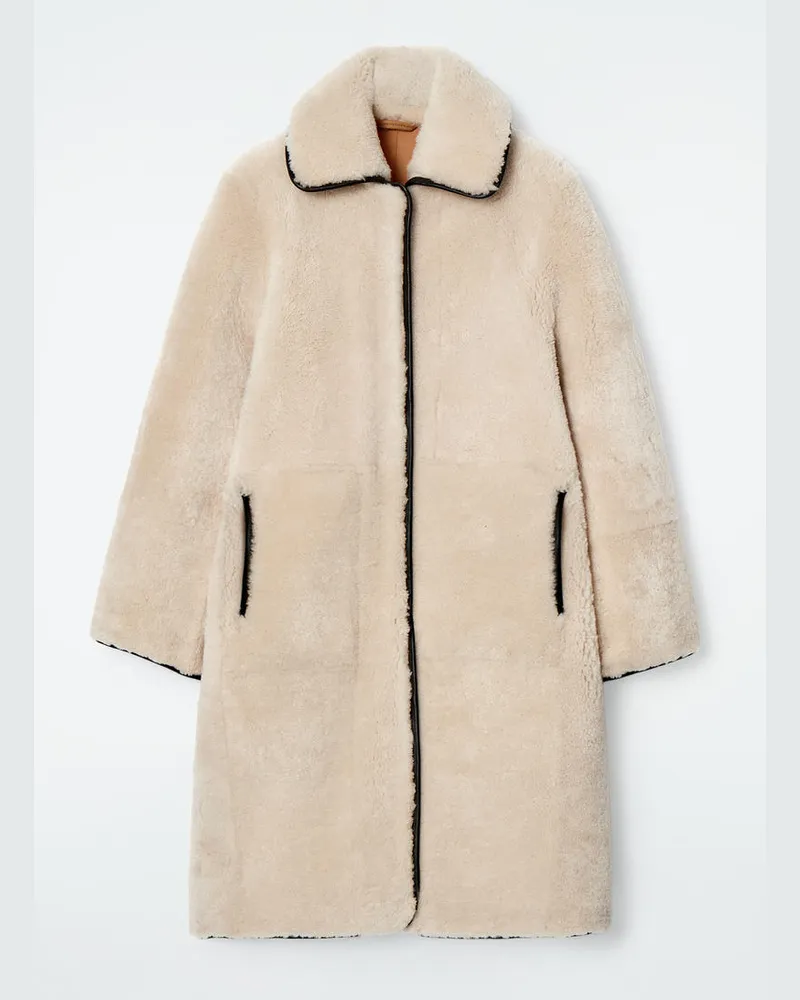 COS Langer Mantel Aus Shearling Mit Lederdetails Weiß