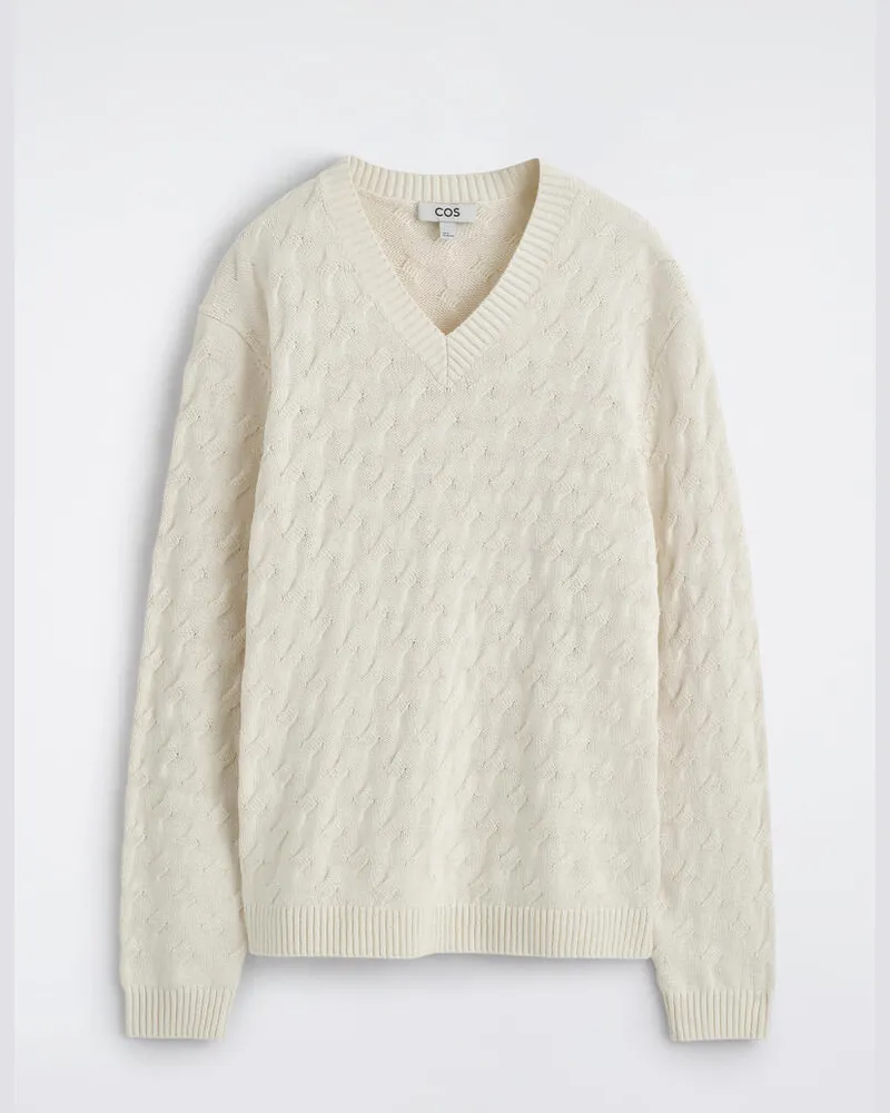 COS Pullover Aus Baumwoll-Seiden-Mix Mit Zopfmuster Weiß