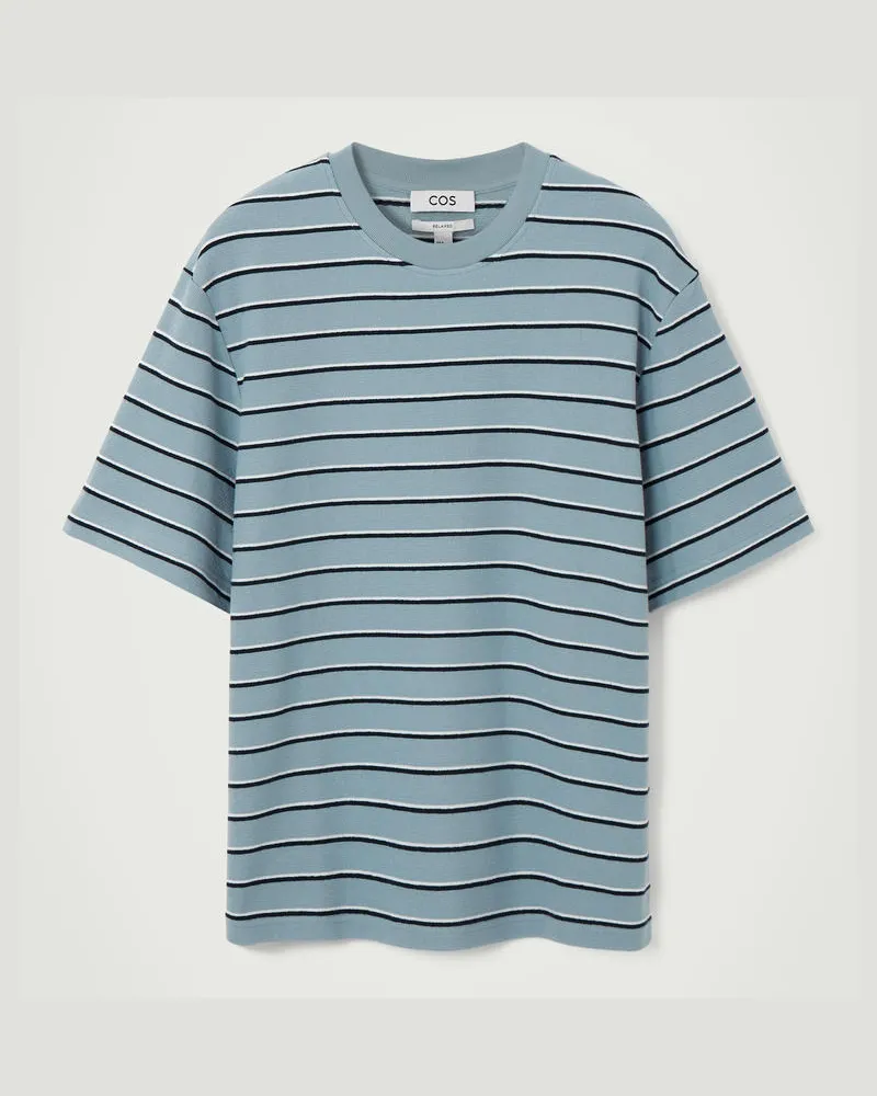 COS Lockeres Gestreiftes Baumwoll-T-Shirt Aus Bouclé Blau