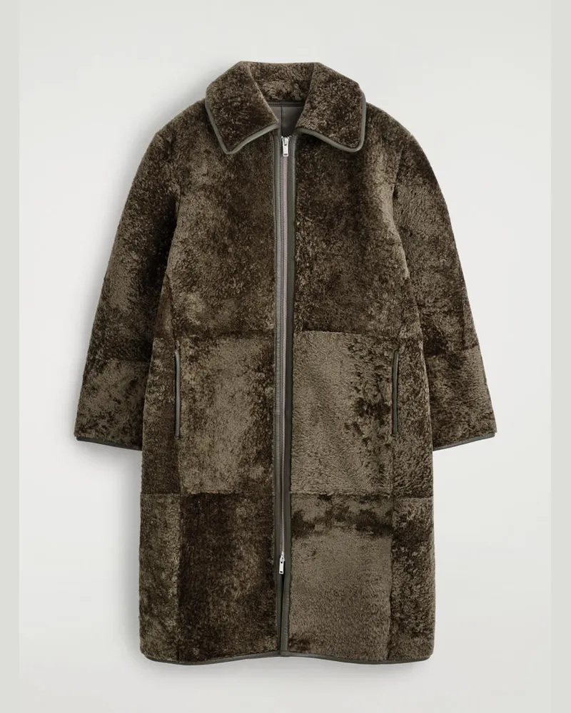 COS Langer Mantel Aus Shearling Mit Lederdetails Grün