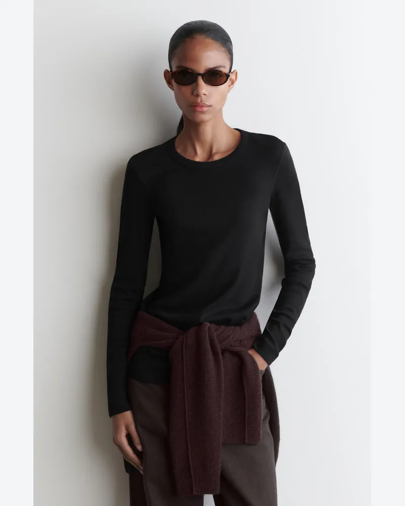 COS Geripptes Langarmshirt Aus Jersey Schwarz