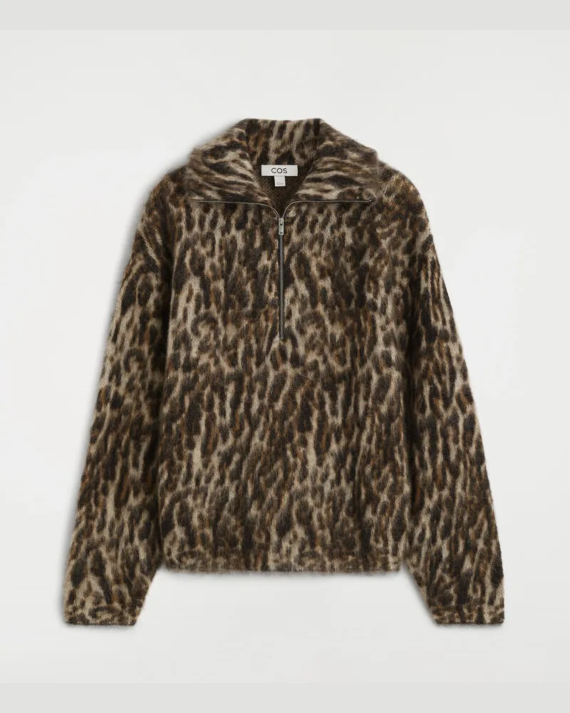 COS Leopard-Jacquard Zip-Up Jumper Braun
