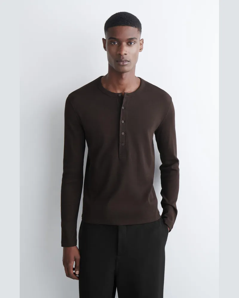 COS Slim Ribbed Cotton Long-Sleeved Henley T-Shirt Braun