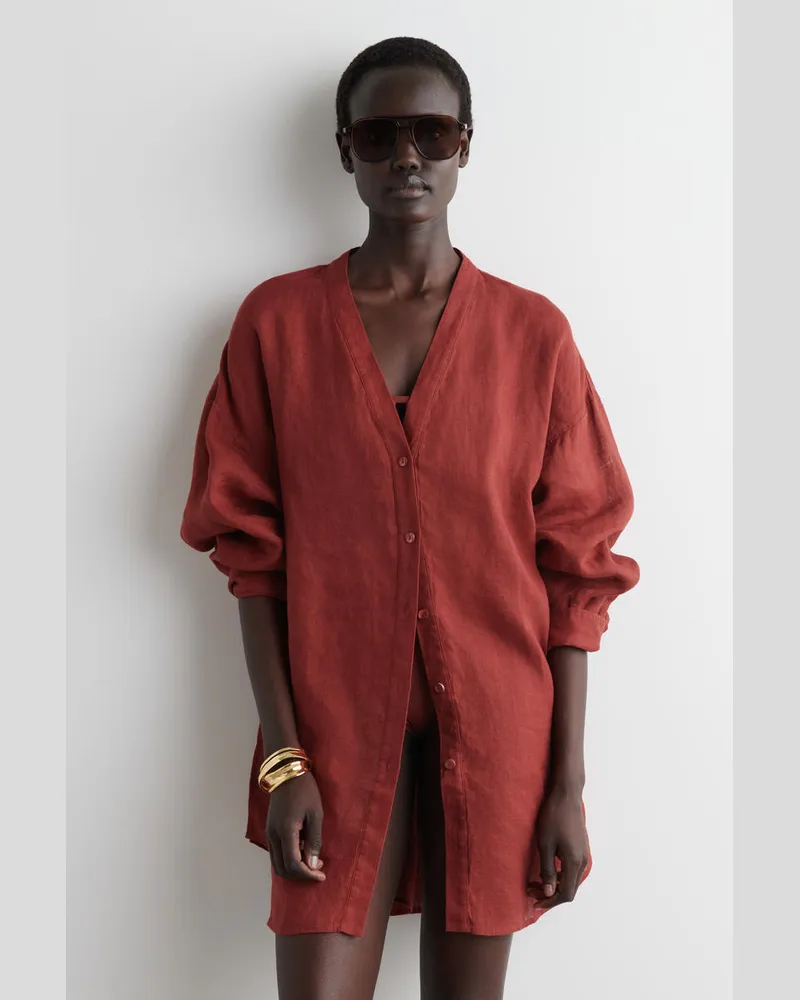 COS Oversized-Hemd Aus Leinen Mit V-Ausschnitt Rot