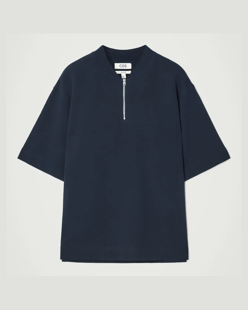 COS Baumwoll-T-Shirt Mit Kurzem Reissverschluss Blau