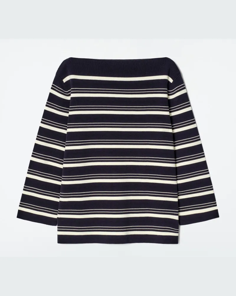 COS Gestreifter Baumwollpullover Mit U-Boot-Ausschnitt Blau