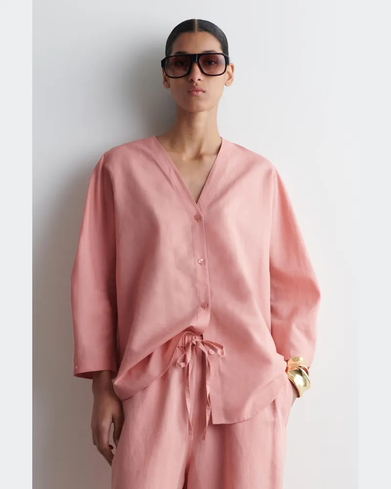 COS Hemd Aus Leinen-Baumwoll-Mix Mit V-Ausschnitt Rosa