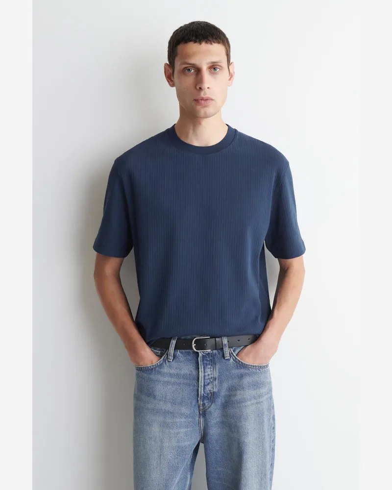 COS Schweres Geripptes T-Shirt Blau