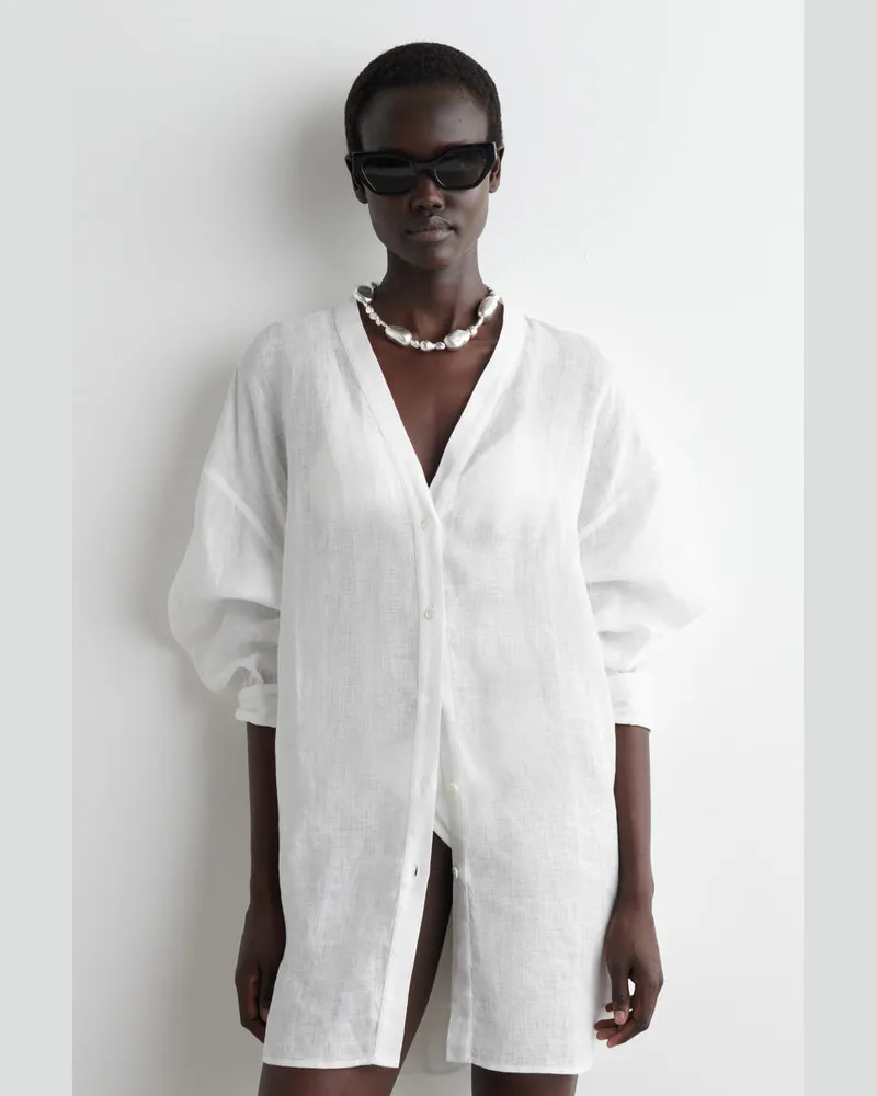 COS Oversized-Hemd Aus Leinen Mit V-Ausschnitt Weiß