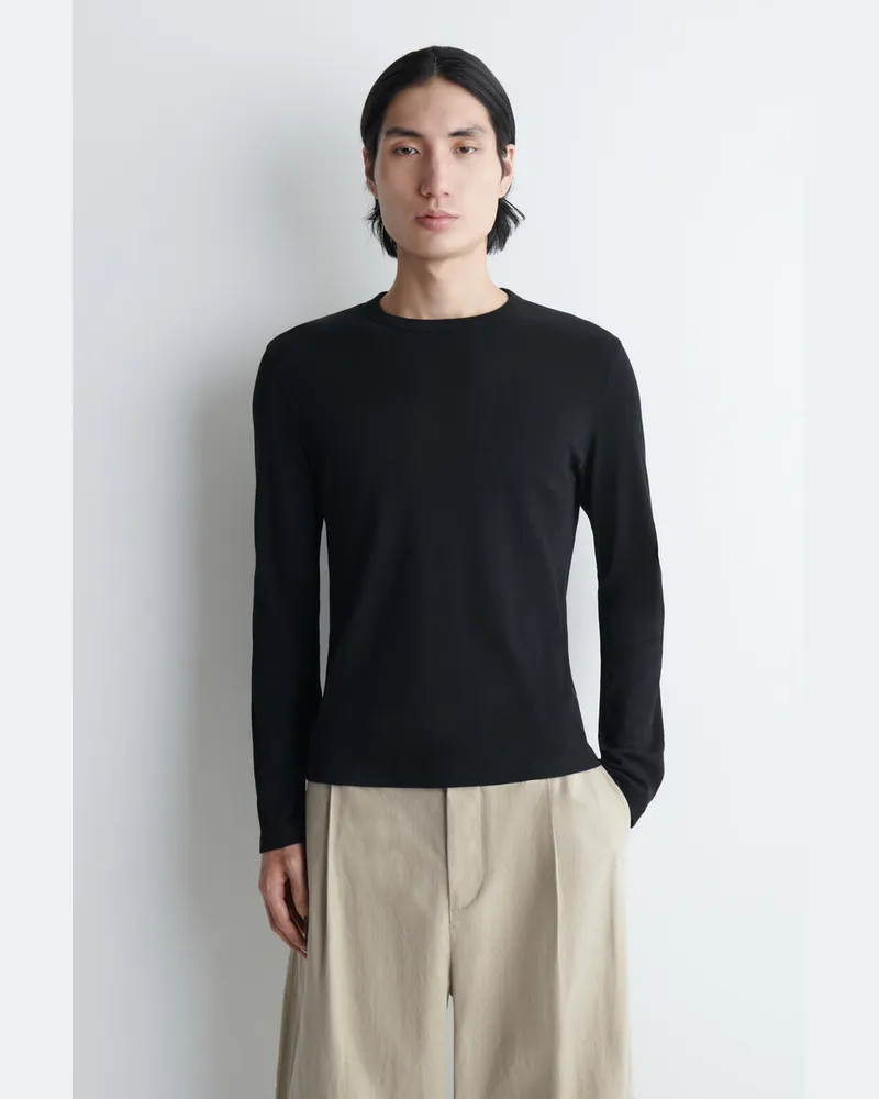 COS Schmales, Geripptes Langarmshirt Aus Baumwolle Schwarz