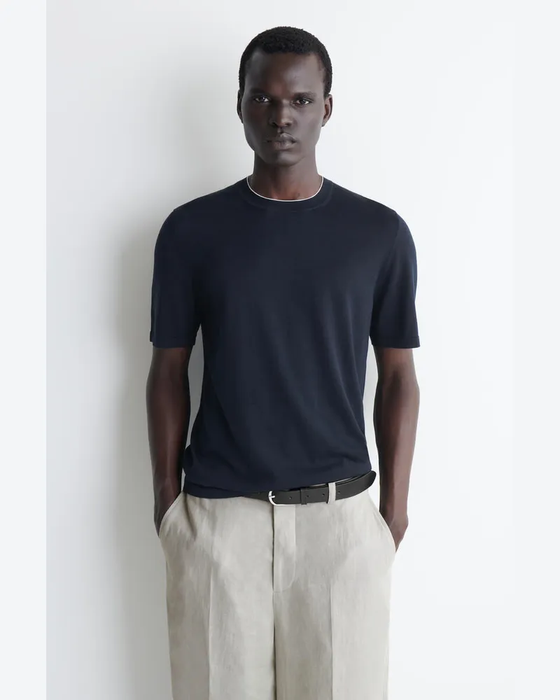 COS Contrast-Tipped Silk-Cotton T-Shirt Blau