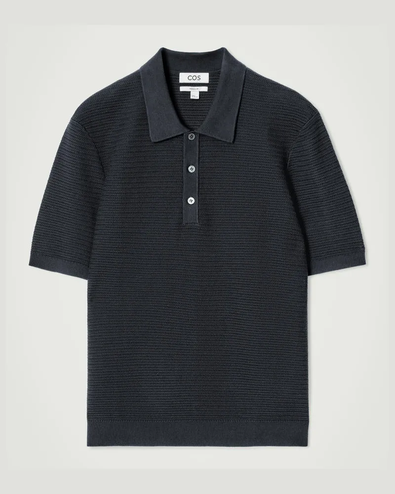 COS Strukturiertes Strick-Poloshirt Aus Baumwolle Blau
