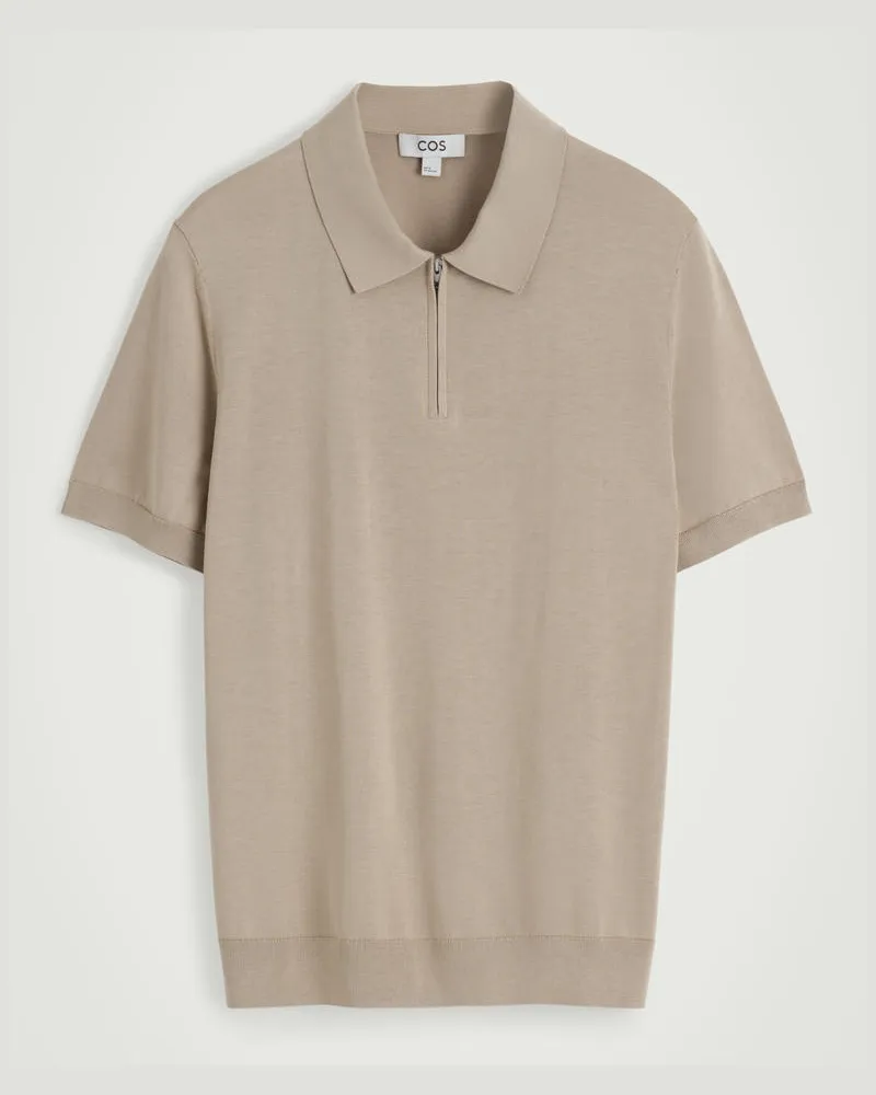COS Slim Knitted Silk Zipup Polo Shirt Beige