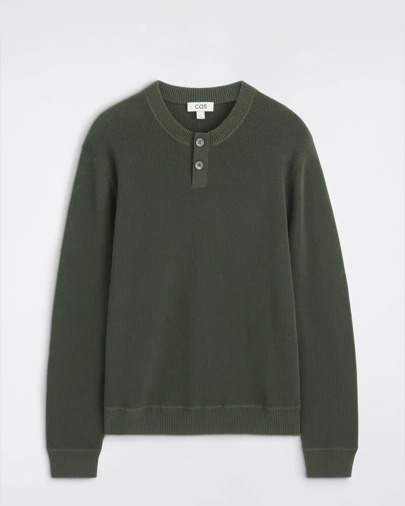 COS Gestrickter Henley-Pullover Aus Baumwolle Grün