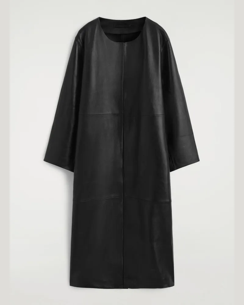 COS Langer Ledermantel Mit Einsätzen Schwarz