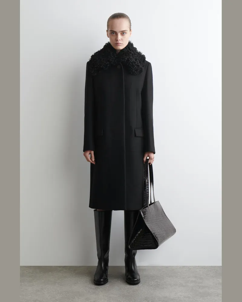COS Shearling-Collar Wool Coat Schwarz
