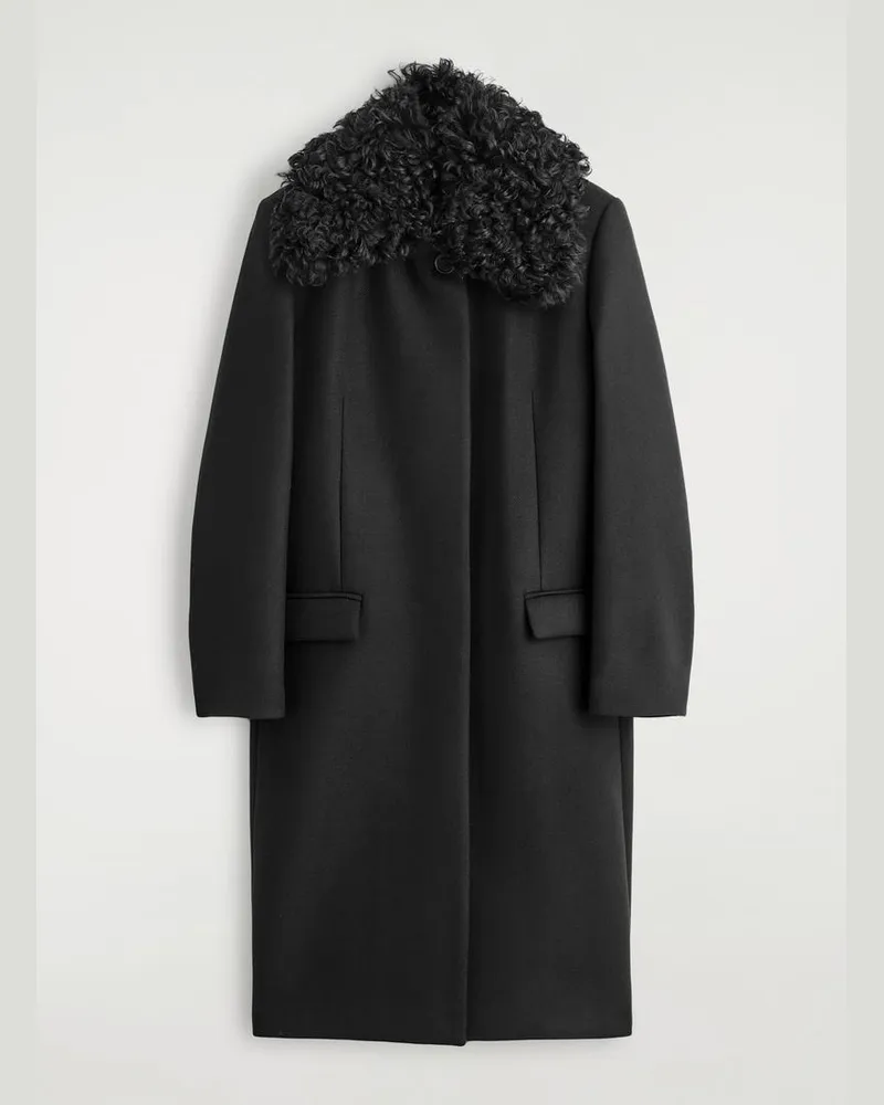 COS Langer Wollmantel Mit Shearling-Kragen Schwarz