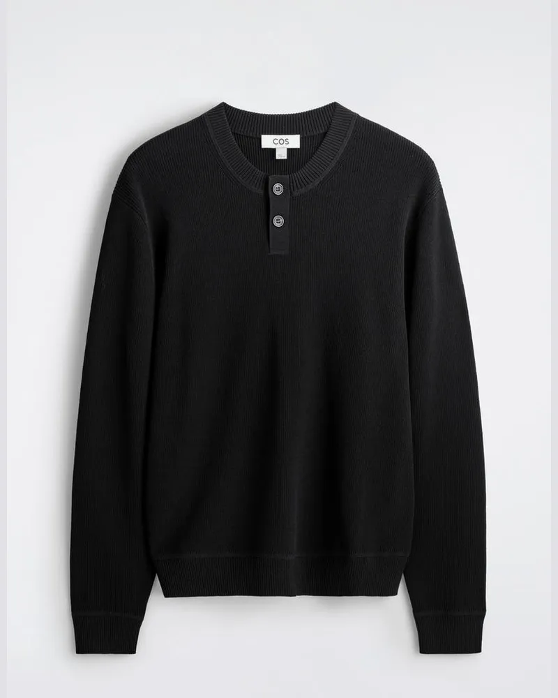 COS Gestrickter Henley-Pullover Aus Baumwolle Schwarz