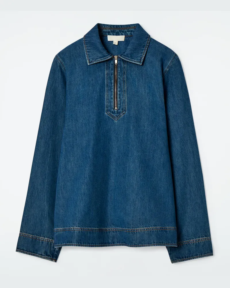 COS Bluse Aus Denim Mit Kurzem Reissverschluss Blau