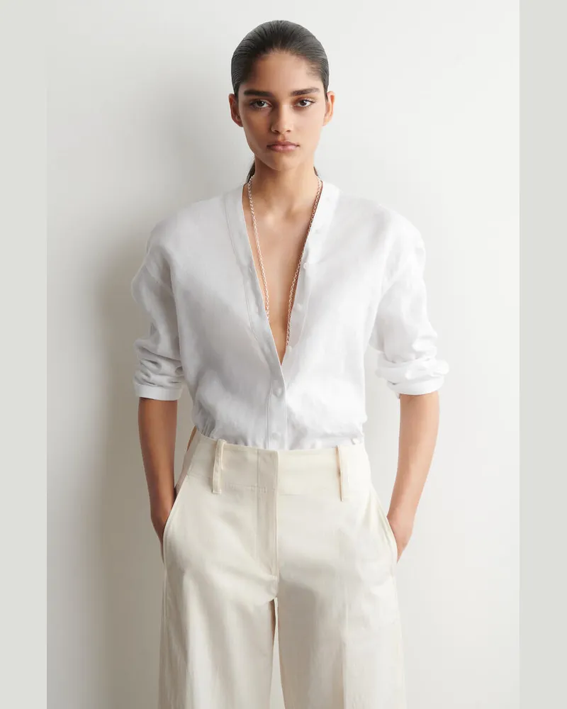 COS Hemd Mit V-Ausschnitt Aus Leinen Mit Knopfdetail Weiß
