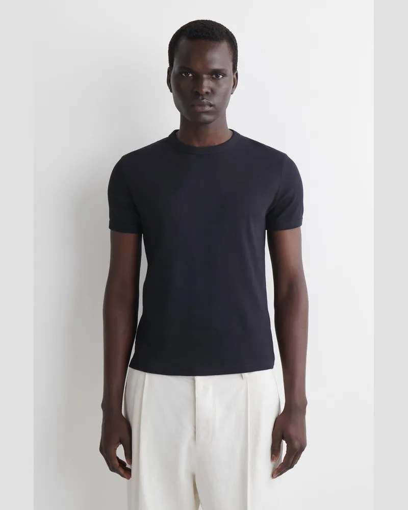 COS Schmal Geschnittenes Geripptes Baumwoll-T-Shirt Blau