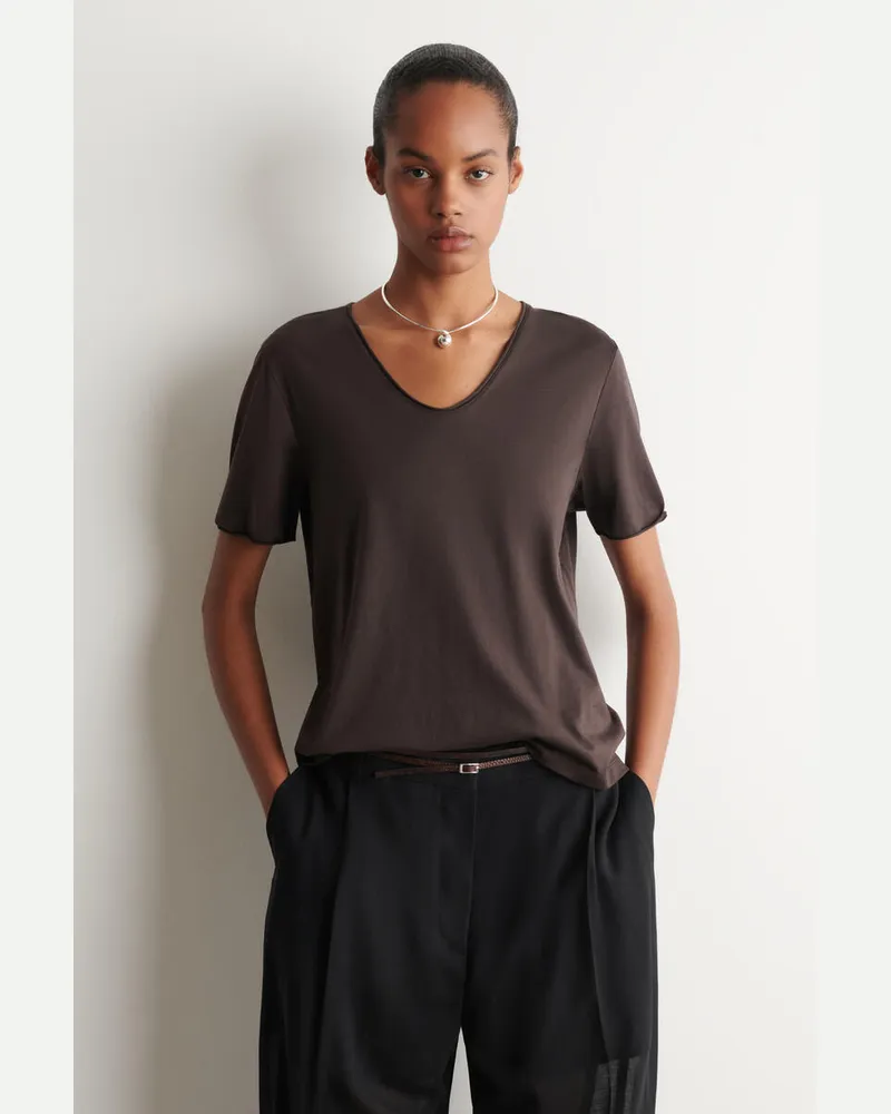 COS Leichtes Baumwoll-T-Shirt Mit Tiefem Ausschnitt Braun