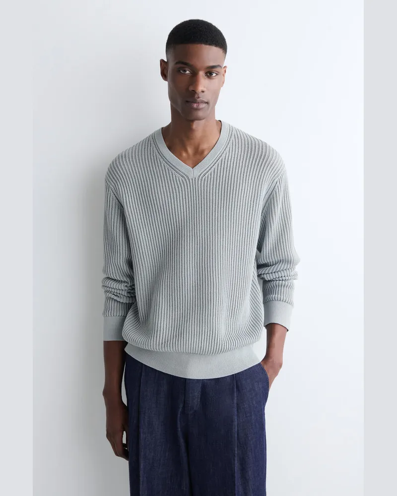 COS Baumwollpullover Mit Leitermuster Und V-Ausschnitt Grau