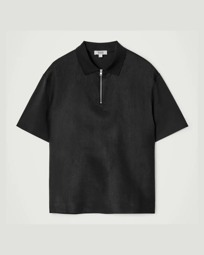 COS Poloshirt Aus Leinen Mit Kontrasteinsatz Schwarz