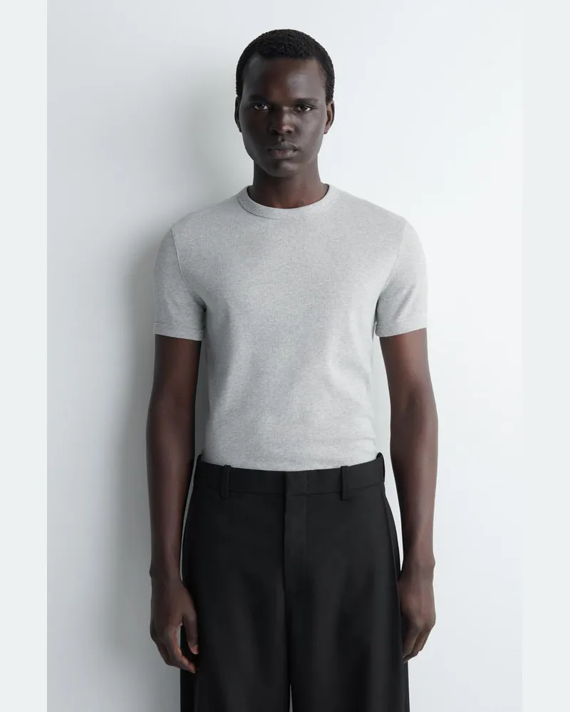 COS Schmal Geschnittenes Geripptes Baumwoll-T-Shirt Grau