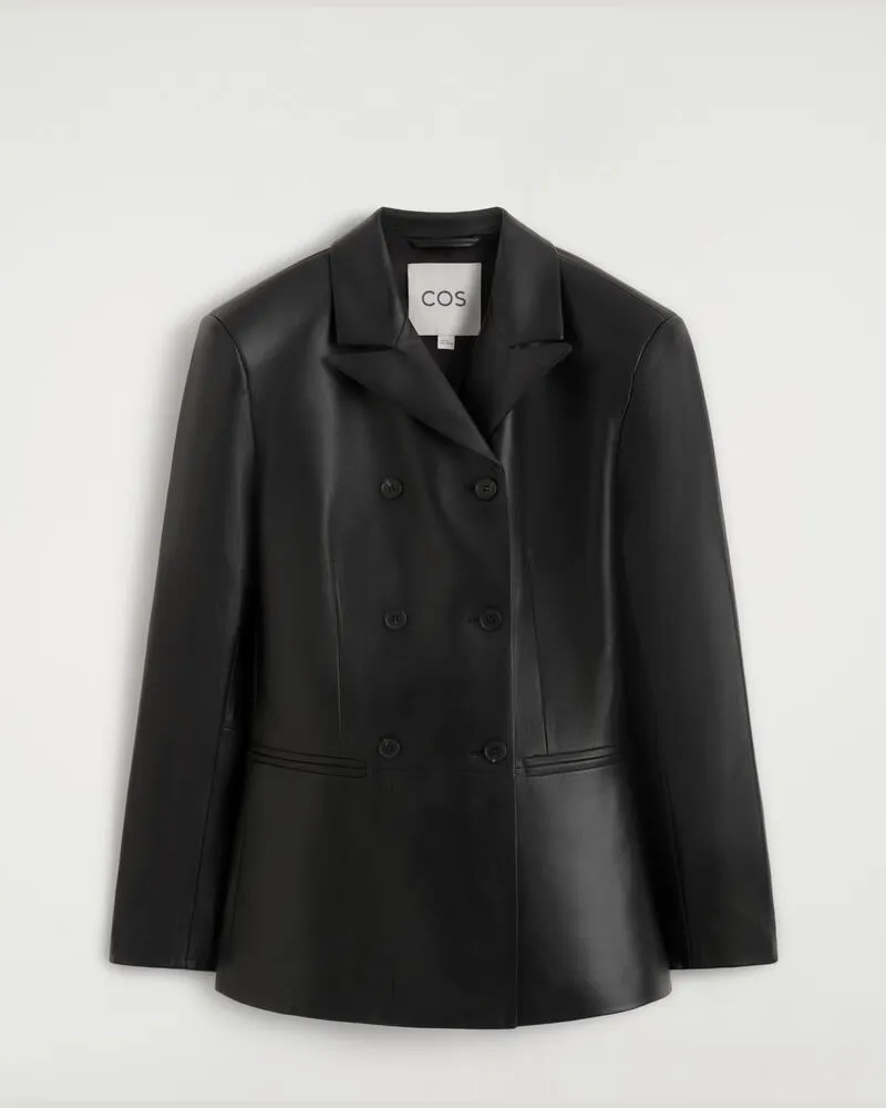 COS Zweireihiger Blazer Aus Leder Schwarz