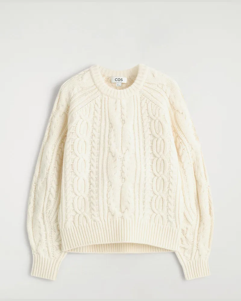 COS Pullover Aus Woll-Kaschmir-Mix Mit Zopfmuster Weiß