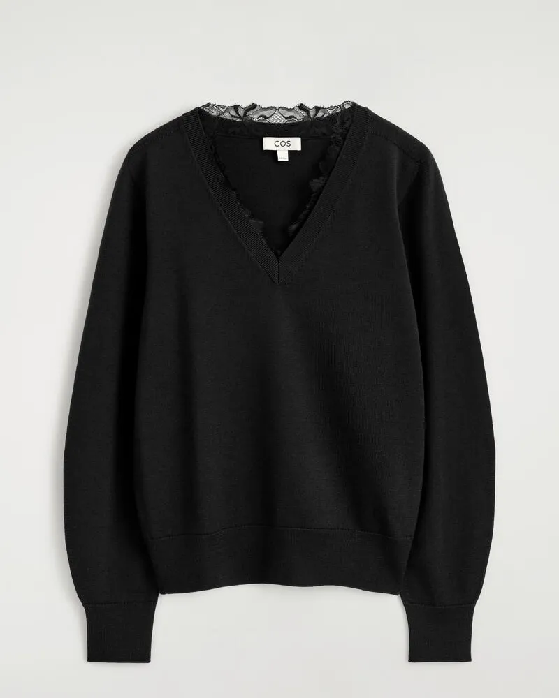 COS Pullover Aus Merinowolle Mit V-Ausschnitt Schwarz