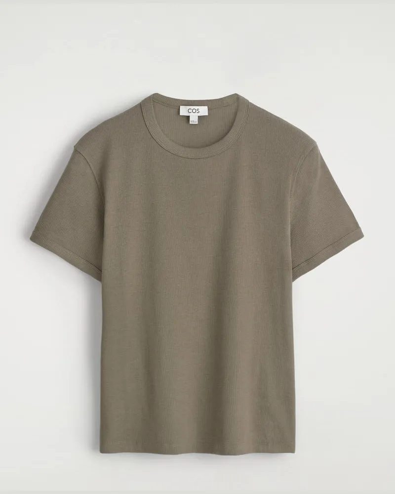 COS Schmal Geschnittenes Geripptes Baumwoll-T-Shirt Grau