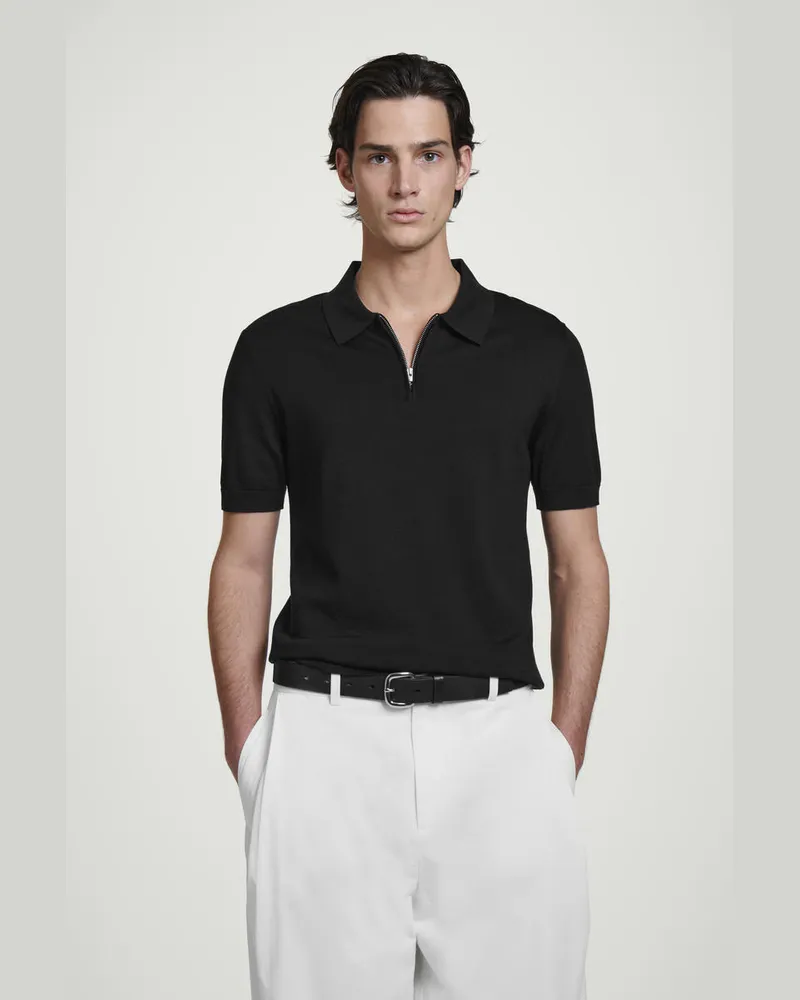COS Slim Knitted Silk Zipup Polo Shirt Schwarz