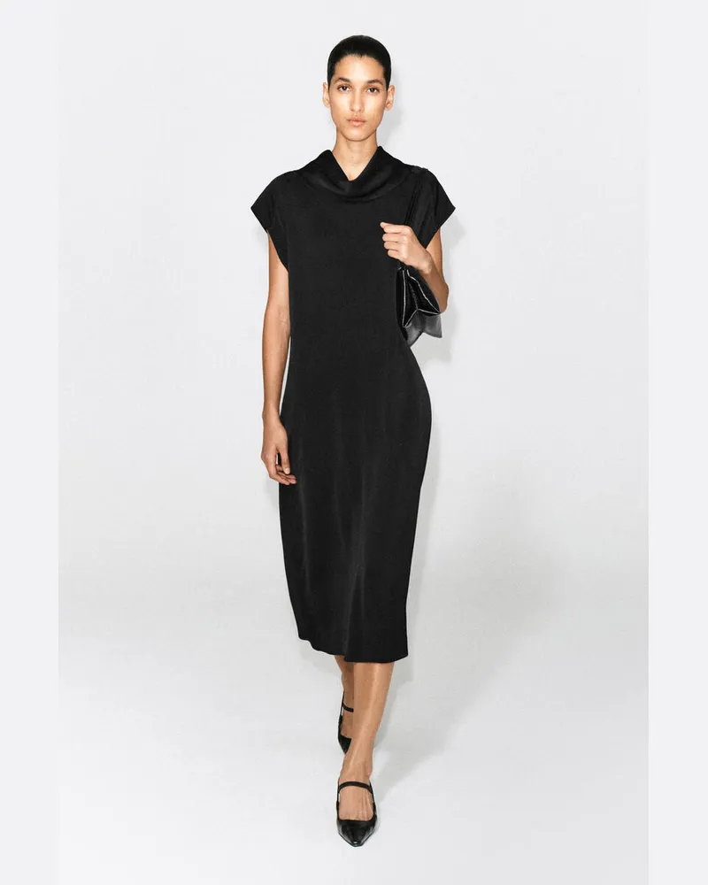 COS Midikleid Aus Crêpe Mit Wasserfallkragen Schwarz
