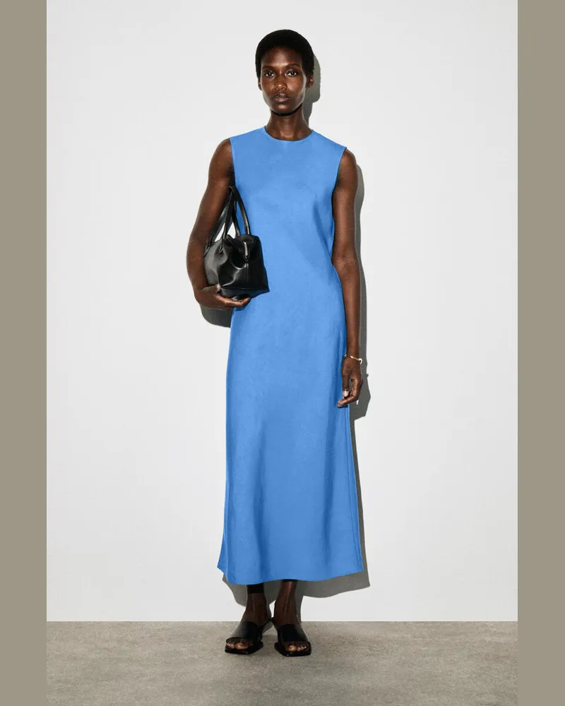 COS Schräg Geschnittenes Midikleid Aus Leinen-Mix Blau