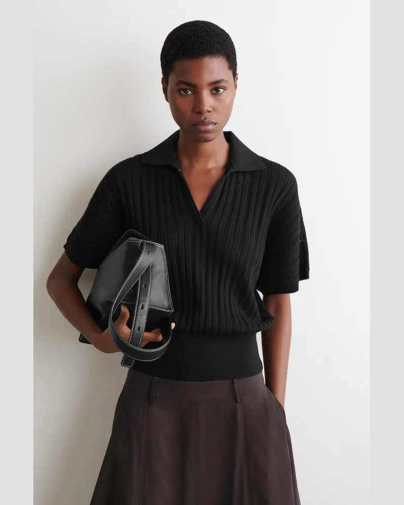 COS Polo-Oberteil Aus Baumwolle In Pointelle-Optik Schwarz