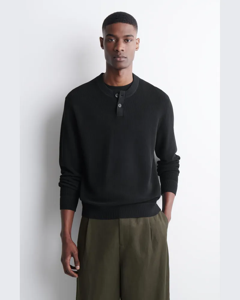 COS Gestrickter Henley-Pullover Aus Baumwolle Schwarz