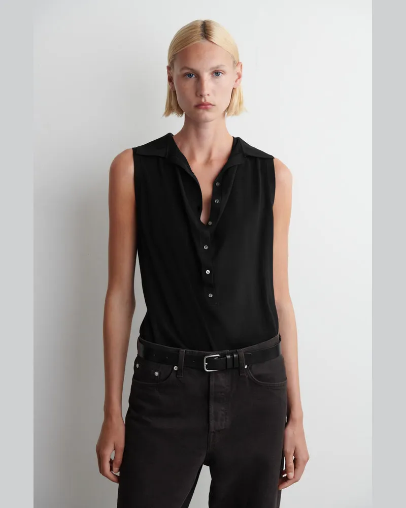 COS Ärmelloses Poloshirt Aus Seiden-Baumwoll-Mix Schwarz