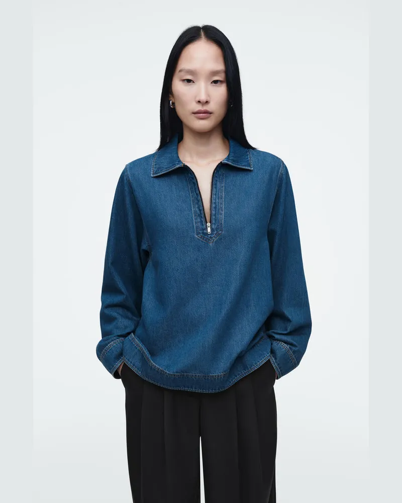 COS Bluse Aus Denim Mit Kurzem Reissverschluss Blau
