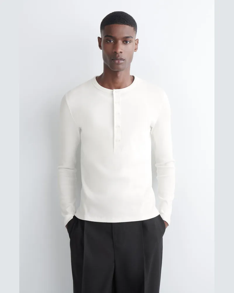 COS Slim Ribbed Cotton Long-Sleeved Henley T-Shirt Weiß