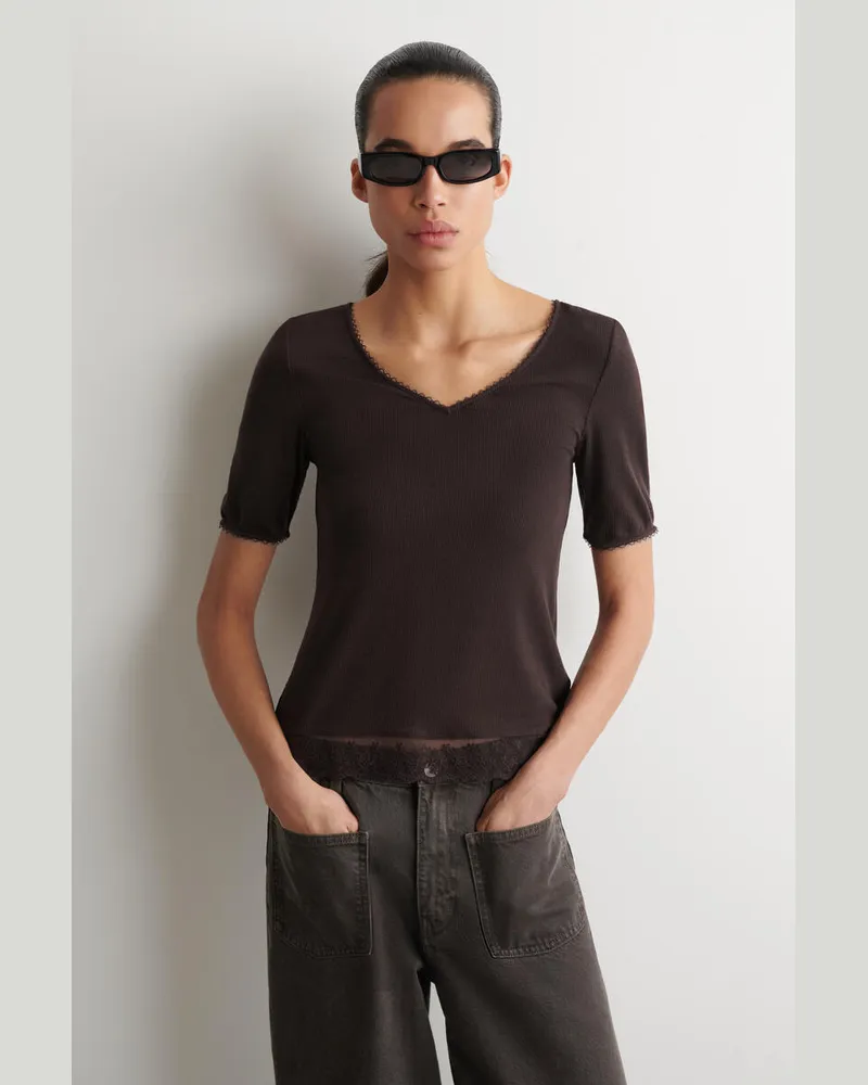 COS Geripptes T-Shirt Mit V-Ausschnitt Und Spitze Braun