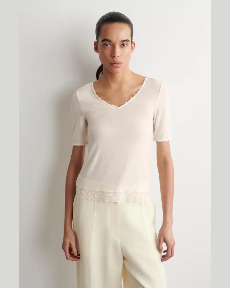 COS Geripptes T-Shirt Mit V-Ausschnitt Und Spitze Weiß