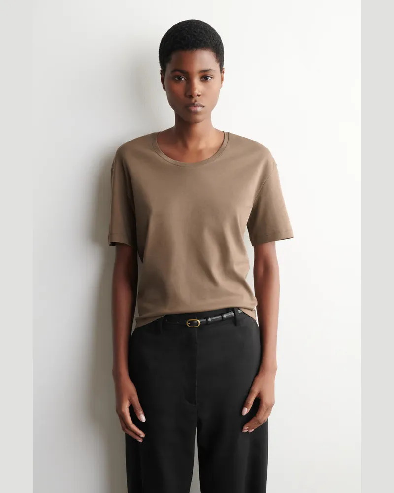 COS Scoop-Neck Cotton T-Shirt Beige