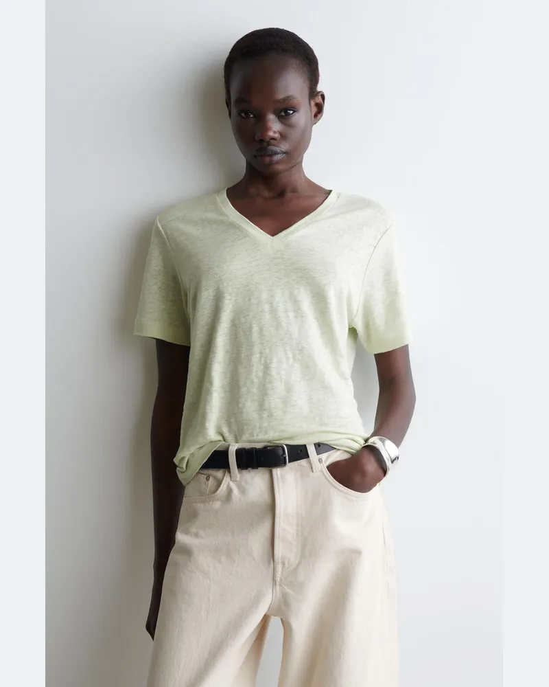 COS T-Shirt Aus Leinen Mit V-Ausschnitt Grün
